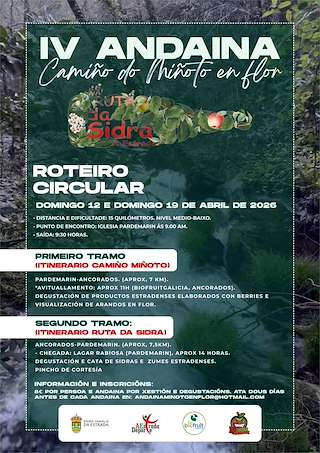 Fechas, información, programa, cartel, imágenes, mapa y ubicación de IV Andaina Camiño Miñoto - Rutada Sidra en Flor (2026) en A Estrada