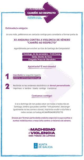 Fechas, información, programa, cartel, imágenes, mapa y ubicación de XII Andaina Contra a Violencia de Xénero - Camiño ao Respecto  en  Santiago de Compostela