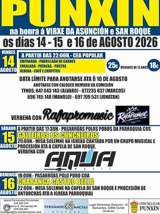 Fechas, información, programa, cartel, imágenes, mapa y ubicación de Asunción e San Roque (2026) en Punxín