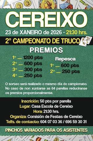 Fechas, información, programa, cartel, imágenes, mapa y ubicación de II Campeonato de Truco de Cereixo (2026)  en  A Estrada
