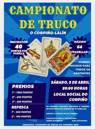 Fechas, información, programa, cartel, imágenes, mapa y ubicación de II Campeonato de Truco de O Corpiño (2026)  en  Lalín