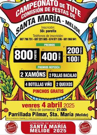Fechas, información, programa, cartel, imágenes, mapa y ubicación de Campeonato de Tute das Festas de Santa María  en  Melide