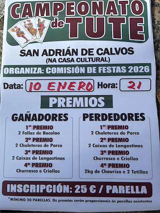 Fechas, información, programa, cartel, imágenes, mapa y ubicación de Campeonato de Tute de San Adrián de Calvos (2026)  en  Fornelos de Montes