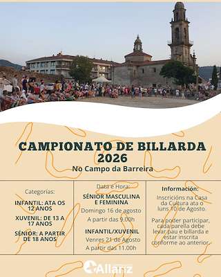 Fechas, información, programa, cartel, imágenes, mapa y ubicación de Campionato de Billarda (2026) en Allariz