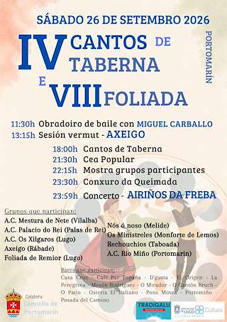 Fechas, información, programa, cartel, imágenes, mapa y ubicación de IV Cantos de Taberna e VIII Foliada (2026) en Portomarín