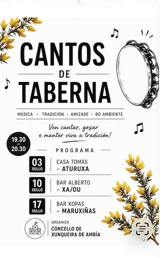 Fechas, información, programa, cartel, imágenes, mapa y ubicación de Cantos de Taberna  (2026)  en  Xunqueira de Ambía