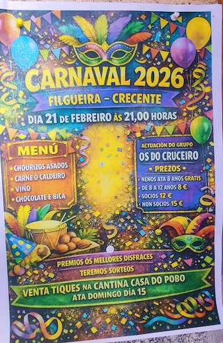 Fechas, información, programa, cartel, imágenes, mapa y ubicación de Carnaval de Filgueira (2026)  en  Crecente