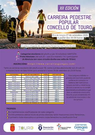 Fechas, información, programa, cartel, imágenes, mapa y ubicación de XII Carreira Pedestre Popular (2026) en Touro