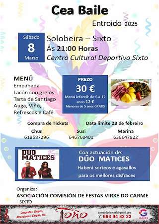 Fechas, información, programa, cartel, imágenes, mapa y ubicación de Cea-Baile de Entroido de Solobeira-Sixto   en  Vilagarcía de Arousa
