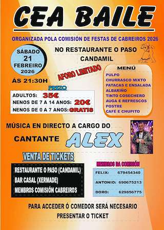 Fechas, información, programa, cartel, imágenes, mapa y ubicación de Cena-Baile de Cabreiros  (2026)  en  Xermade