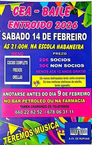 Fechas, información, programa, cartel, imágenes, mapa y ubicación de Cena - Baile de Carnaval de Roupar (2026)  en  Xermade