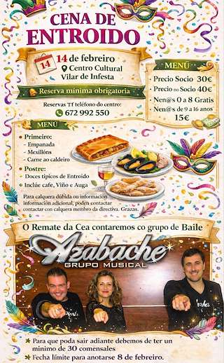 Fechas, información, programa, cartel, imágenes, mapa y ubicación de Cena Baile de Carnaval de Vilar de Infesta (2026) en Redondela