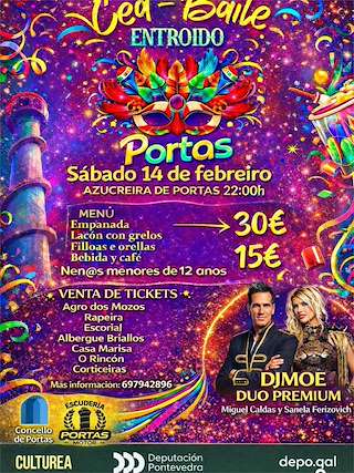 Fechas, información, programa, cartel, imágenes, mapa y ubicación de Cena - Baile de Carnaval (2026) en Portas