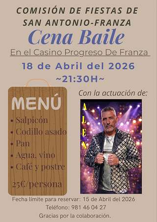 Fechas, información, programa, cartel, imágenes, mapa y ubicación de Cena Baile en Franza (2026)  en  Mugardos