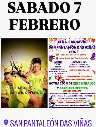 Fechas, información, programa, cartel, imágenes, mapa y ubicación de Cena de Carnaval de Pantaleón (2026)  en  Paderne