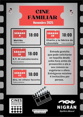Fechas, información, programa, cartel, imágenes, mapa y ubicación de Cine Familiar (2025)  en  Nigrán