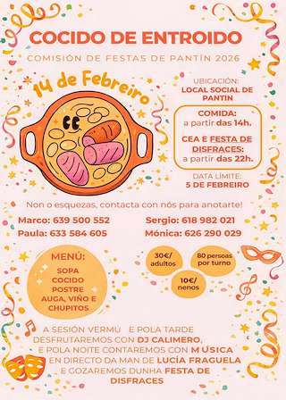 Fechas, información, programa, cartel, imágenes, mapa y ubicación de Cocido de Carnaval de Pantín  (2026)  en  Valdoviño