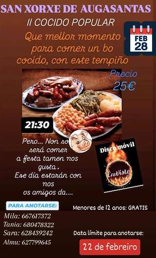 Fechas, información, programa, cartel, imágenes, mapa y ubicación de II Cocido Popular de San Xorxe de Augasantas (2026)  en  Palas de Rei