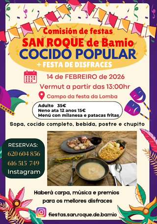 Fechas, información, programa, cartel, imágenes, mapa y ubicación de Cocido Popular - Fiesta de Disfraces de Bamio  (2026) en Vilagarcía de Arousa