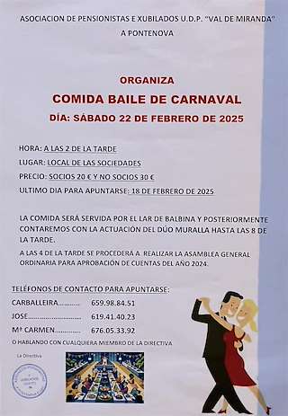 Fechas, información, programa, cartel, imágenes, mapa y ubicación de Comida - Baile de Carnaval de la Asociación de Xubilados e Pensionistas  en  A Pontenova