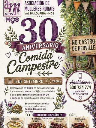 Fechas, información, programa, cartel, imágenes, mapa y ubicación de Comida Campestre 30 Aniversario Asociación Mulleres Rurais Val da Louriña  (2026)  en  Mos