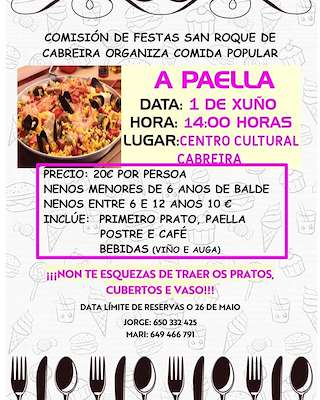 Fechas, información, programa, cartel, imágenes, mapa y ubicación de Comida Popular de Paella de San Roque de Cabreira  en  Salvaterra do Miño