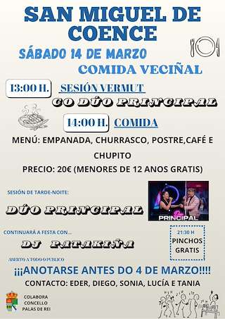 Fechas, información, programa, cartel, imágenes, mapa y ubicación de Comida Veciñal de San Miguel de Coence (2026)  en  Palas de Rei