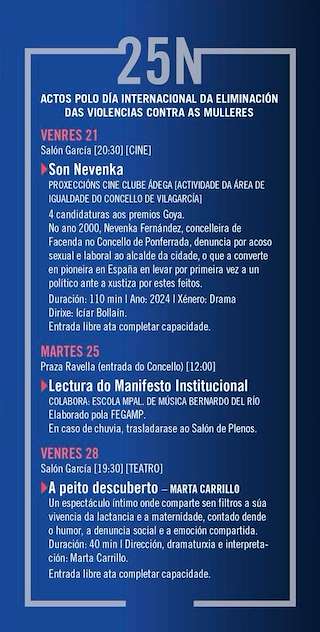 Fechas, información, programa, cartel, imágenes, mapa y ubicación de Día Internacional contra a Violencia de Xénero (2025) en Vilagarcía de Arousa