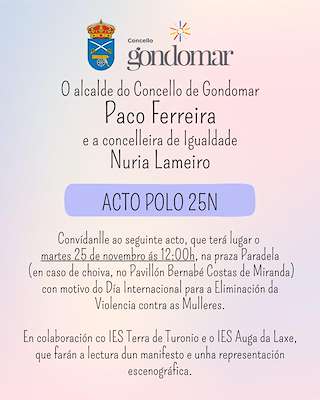 Fechas, información, programa, cartel, imágenes, mapa y ubicación de Día Internacional para a Eliminación da Violencia contra as Mulleres (2025)  en  Gondomar