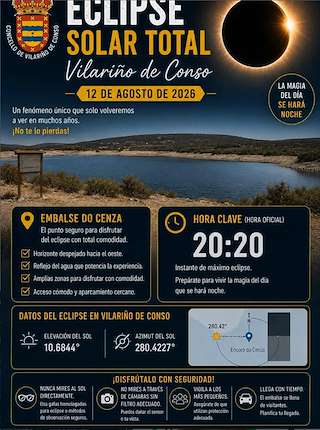 Fechas, información, programa, cartel, imágenes, mapa y ubicación de Eclipse Solar (2026)  en  Vilariño de Conso