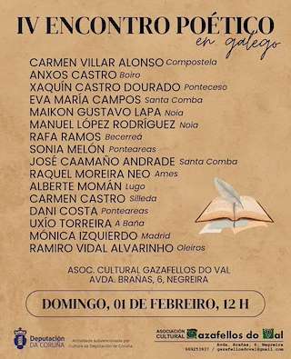 Fechas, información, programa, cartel, imágenes, mapa y ubicación de IV Encontro Poético en Galego  (2026)  en  Negreira