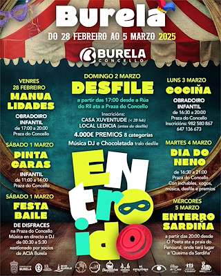 Fechas, información, programa, cartel, imágenes, mapa y ubicación de Entroido  en  Burela