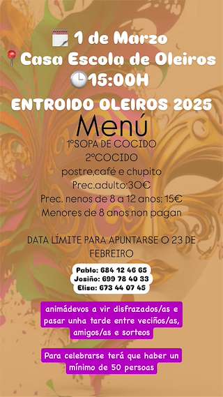 Fechas, información, programa, cartel, imágenes, mapa y ubicación de Entroido de Oleiros  en  Vilalba