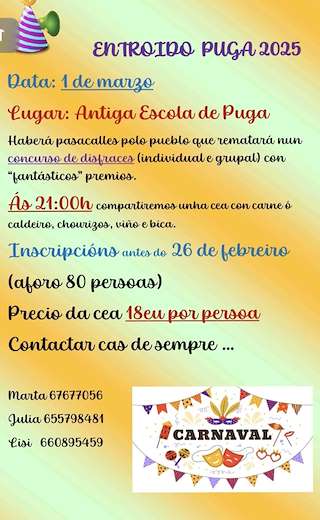 Fechas, información, programa, cartel, imágenes, mapa y ubicación de Entroido de Puga  en  Toén