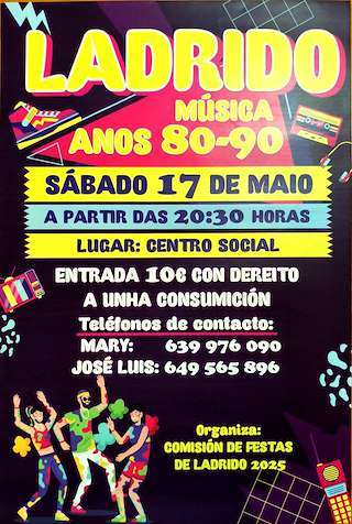 Fechas, información, programa, cartel, imágenes, mapa y ubicación de Festa Anos 80-90 de Ladrido  en  Ortigueira