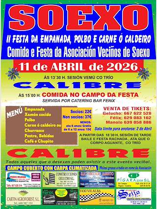 Fechas, información, programa, cartel, imágenes, mapa y ubicación de II Festa da Empanada, Polbo e Carne o Caldeiro de Soexo (2026)  en  Vilalba