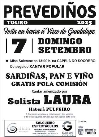 Fechas, información, programa, cartel, imágenes, mapa y ubicación de Festa da Guadalupe de Prevediños  en  Touro