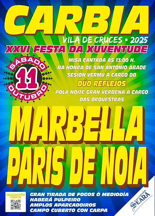 Fechas, información, programa, cartel, imágenes, mapa y ubicación de XXVI Festa da Xuventude de Carbia (2025)  en  Vila de Cruces