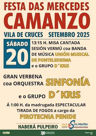 Fechas, información, programa, cartel, imágenes, mapa y ubicación de Festa das Mercedes de Camanzo  en  Vila de Cruces