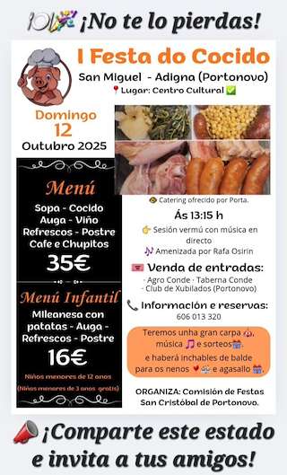 Fechas, información, programa, cartel, imágenes, mapa y ubicación de I Festa do Cocido de Adina (2025)  en  Sanxenxo