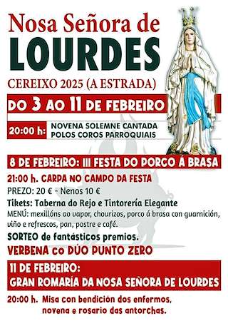 Fechas, información, programa, cartel, imágenes, mapa y ubicación de III Festa do Porco á Brasa de Cereixo e Festa da Chegada da Nosa Señora de Lourdes  en  A Estrada