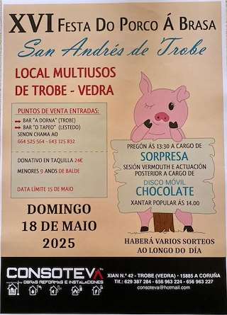 Fechas, información, programa, cartel, imágenes, mapa y ubicación de XVI Festa do Porco á Brasa de Trobe  en  Vedra