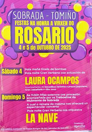 Fechas, información, programa, cartel, imágenes, mapa y ubicación de Festa do Rosario de Sobrada (2025)  en  Tomiño