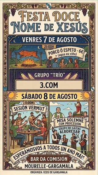 Fechas, información, programa, cartel, imágenes, mapa y ubicación de Festa Doce Nome de Xesús de Gargamala (2026)  en  Mondariz