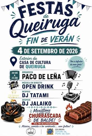 Fechas, información, programa, cartel, imágenes, mapa y ubicación de Festa Fin de Verán de Queiruga (2026)  en  O Porto do Son