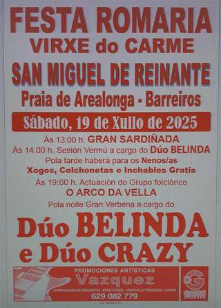 Fechas, información, programa, cartel, imágenes, mapa y ubicación de Festa Romería da Virxe do Carme de San Miguel de Reinante  en  Barreiros