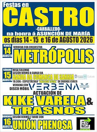 Fechas, información, programa, cartel, imágenes, mapa y ubicación de Festas da Asunción de Castro (2026) en Carballedo