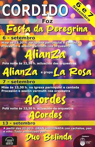 Fechas, información, programa, cartel, imágenes, mapa y ubicación de Festas da Peregrina de Cordido  en  Foz