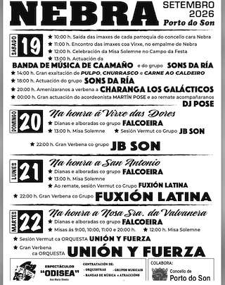 Fechas, información, programa, cartel, imágenes, mapa y ubicación de Festas da Valvanera de Nebra (2026) en O Porto do Son