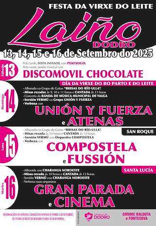 Fechas, información, programa, cartel, imágenes, mapa y ubicación de Festas da Virxe do Leite de Laiño  en  Dodro